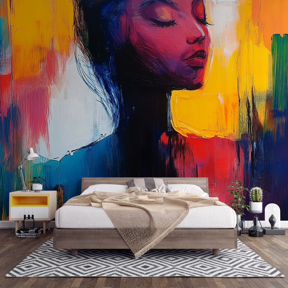 Abstract portrait wall mural creating a dramatic focal point in a modern living room with natural lighting