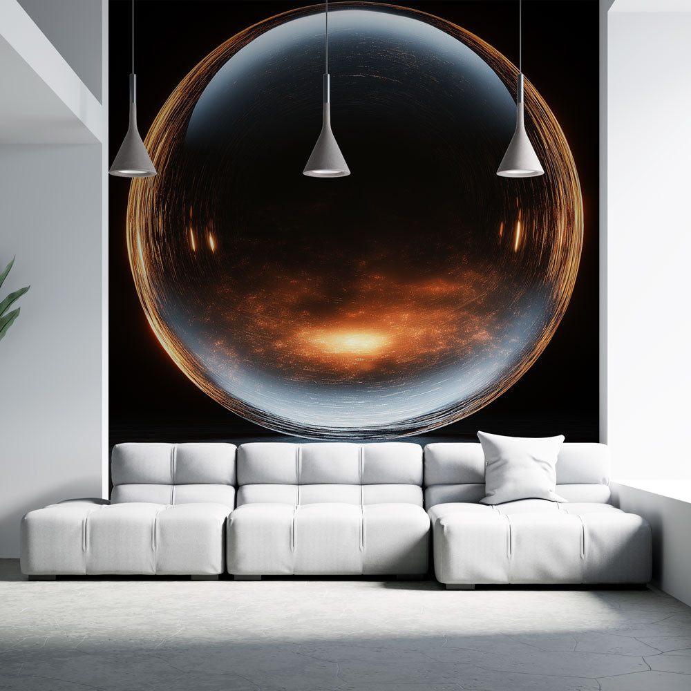 Abstract sphere wallpaper with golden light creating depth in a modern living room setting