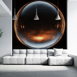 Abstract sphere wallpaper with golden light creating depth in a modern living room setting