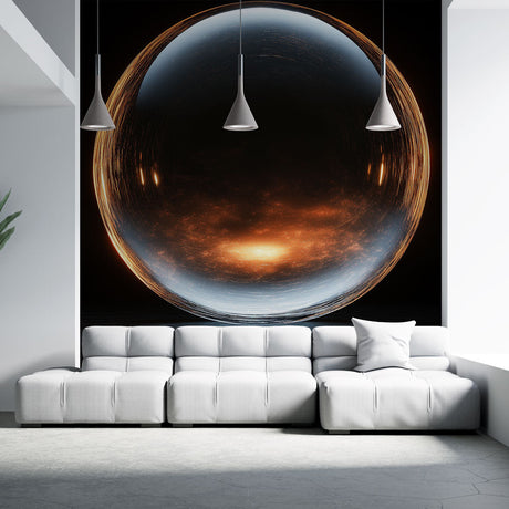 Abstract sphere wallpaper with golden light creating depth in a modern living room setting