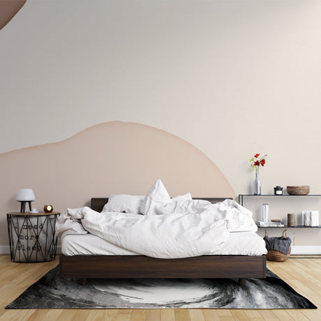 Modern living room with curved beige arch wallpaper creating depth and architectural interest