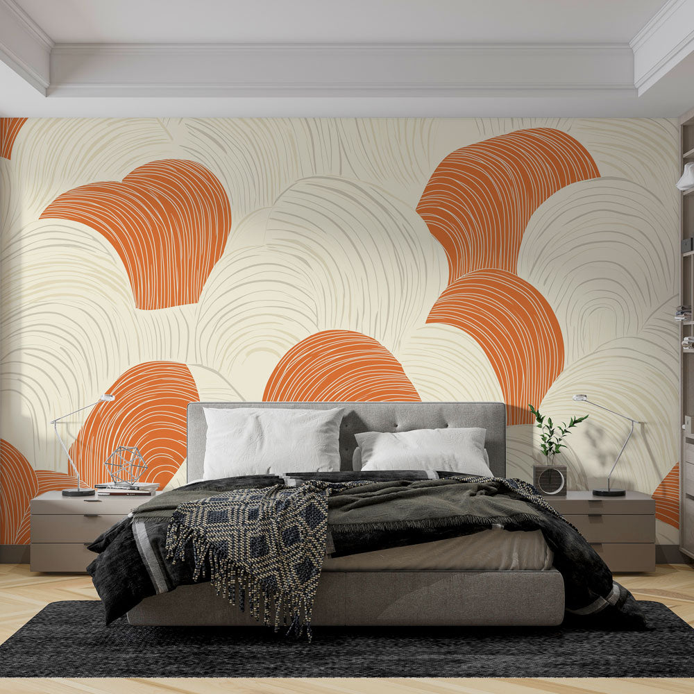 Modern abstract curved lines wallpaper in orange and beige tones creating a warm atmosphere in a minimalist living room