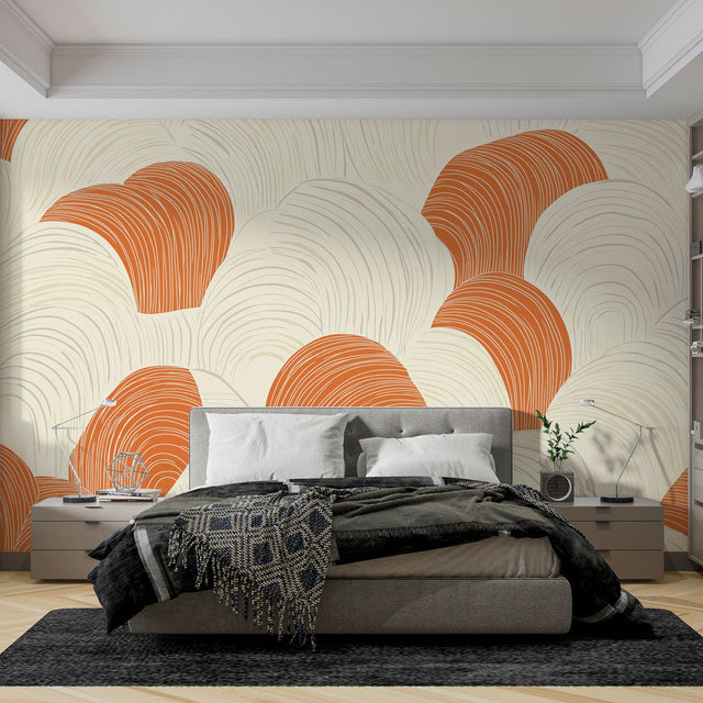 Modern abstract curved lines wallpaper in orange and beige tones creating a warm atmosphere in a minimalist living room