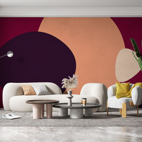 Abstract burgundy wall mural transforms modern living room with curved shapes and warm tones