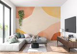 Modern dining room featuring yellow and terracotta curved wallpaper design
