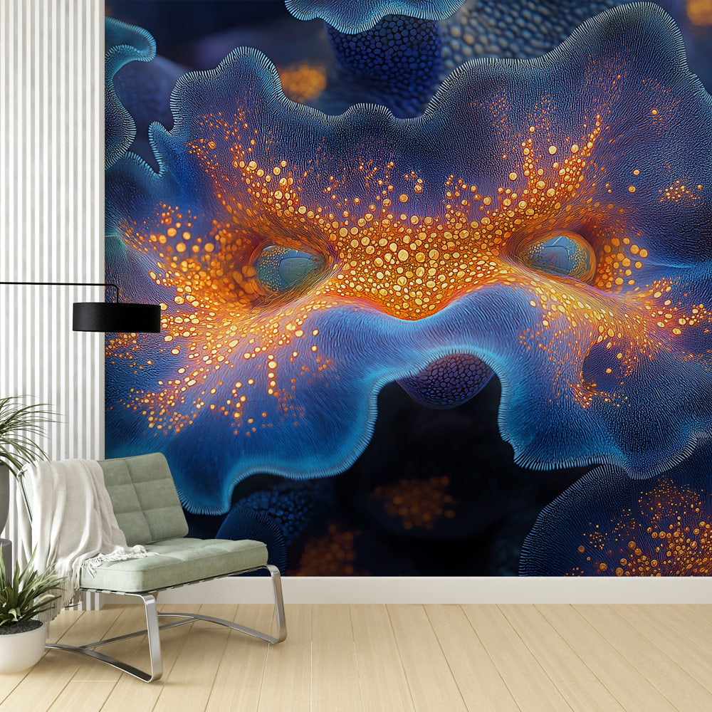 Abstract coral wallpaper in modern living room, showing deep blue and orange tones creating a bold statement wall
