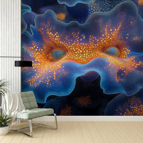 Abstract coral wallpaper in modern living room, showing deep blue and orange tones creating a bold statement wall