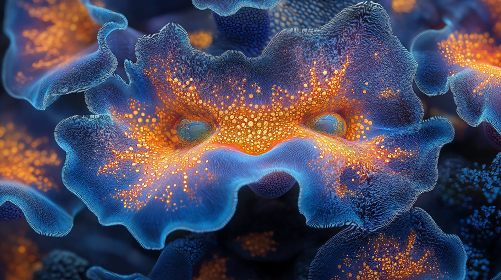 Deep blue and orange coral design file showing intricate abstract pattern and rich ocean-inspired details