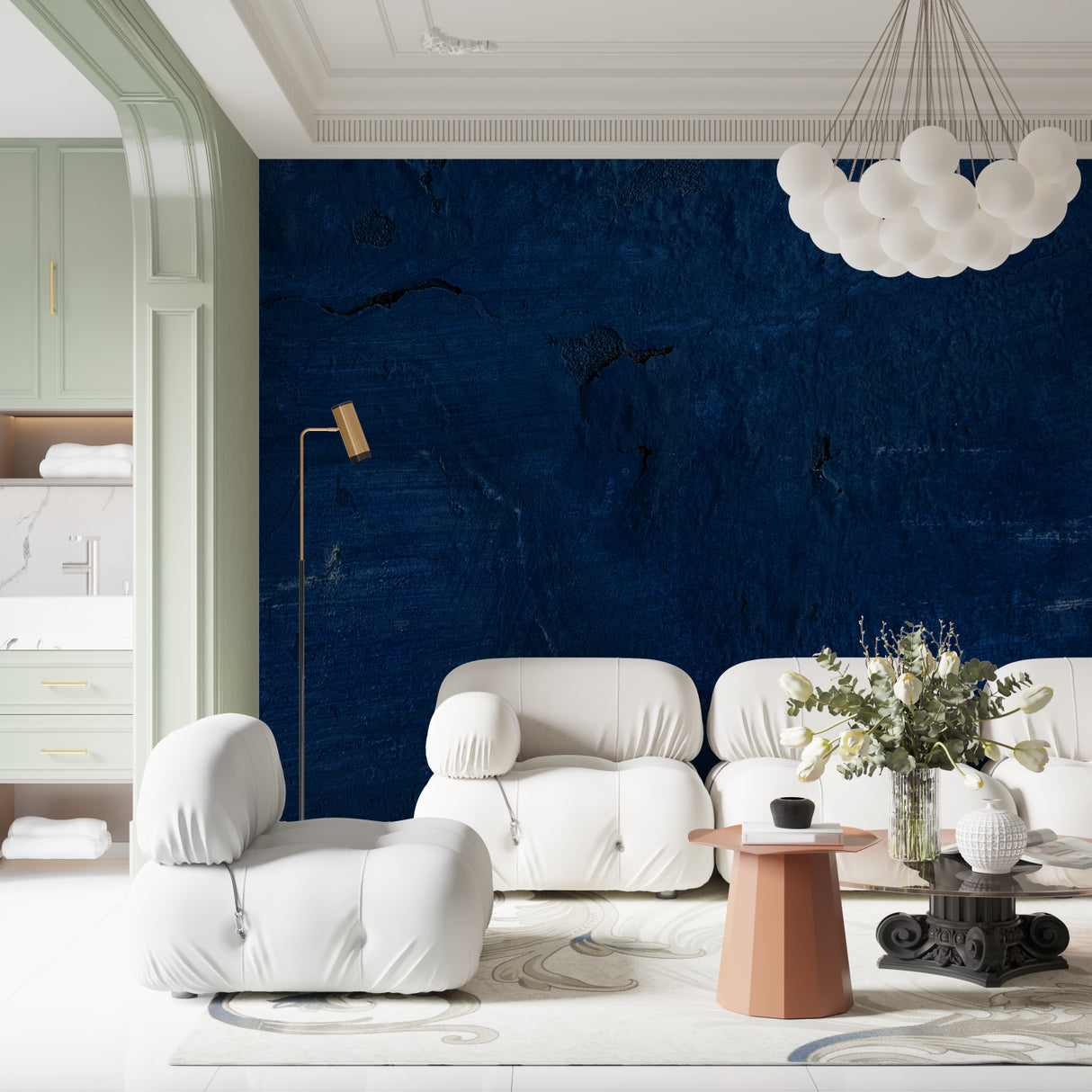 Navy textured wall mural in master bedroom showing light play on surface