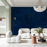 Navy textured wall mural in master bedroom showing light play on surface