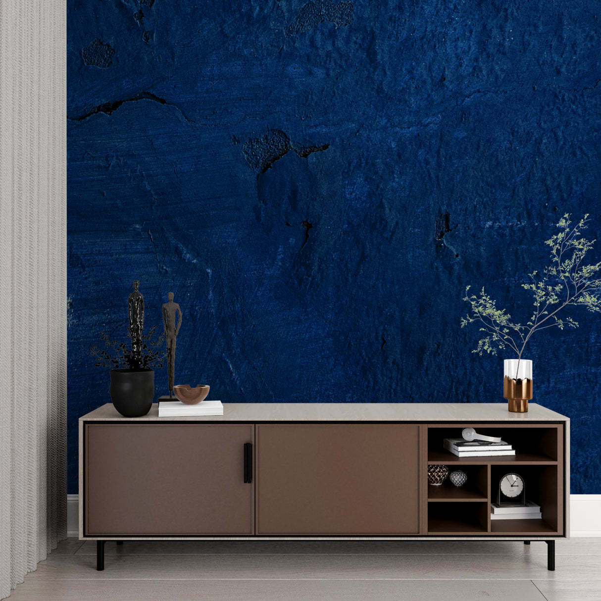 Abstract blue wallpaper enhancing dining room with contemporary lighting