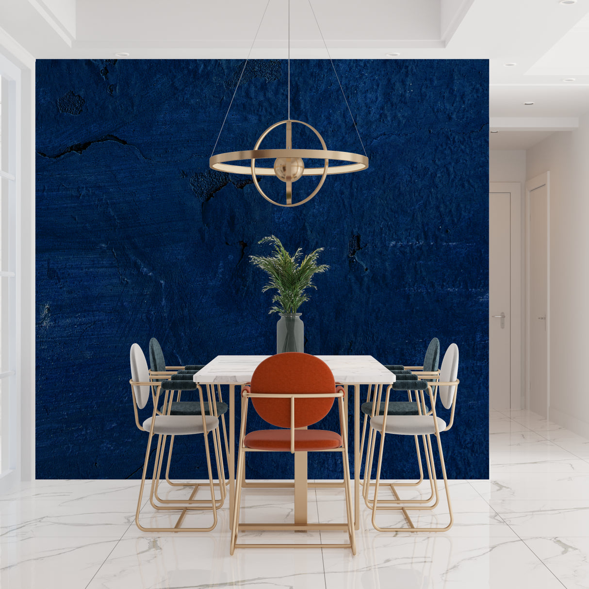 Modern office space featuring deep blue abstract wall mural behind desk
