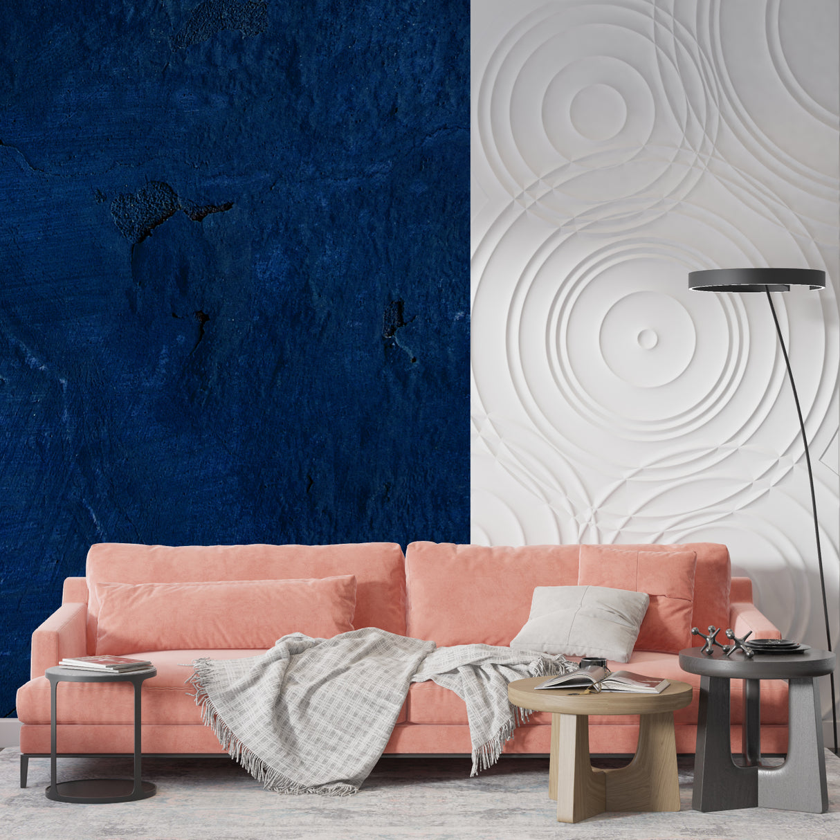 Textured navy wallpaper in hotel lobby showcasing elegant atmosphere