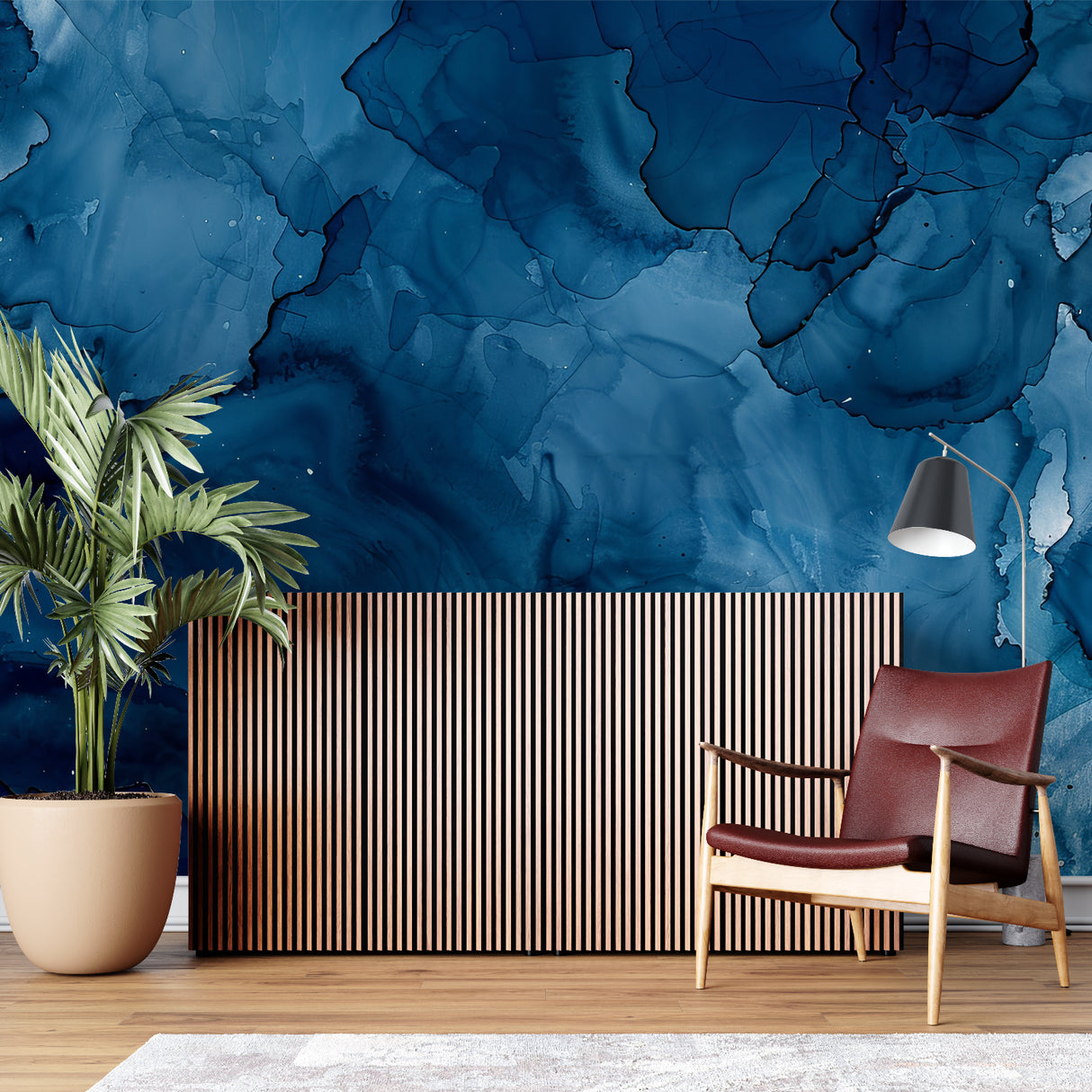 Abstract blue wall mural in minimalist office space creating calm working environment