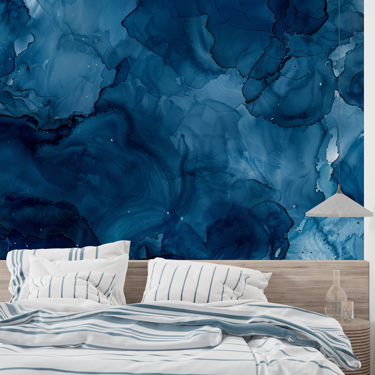 Watercolor abstract wallpaper adding depth to dining room with evening lighting