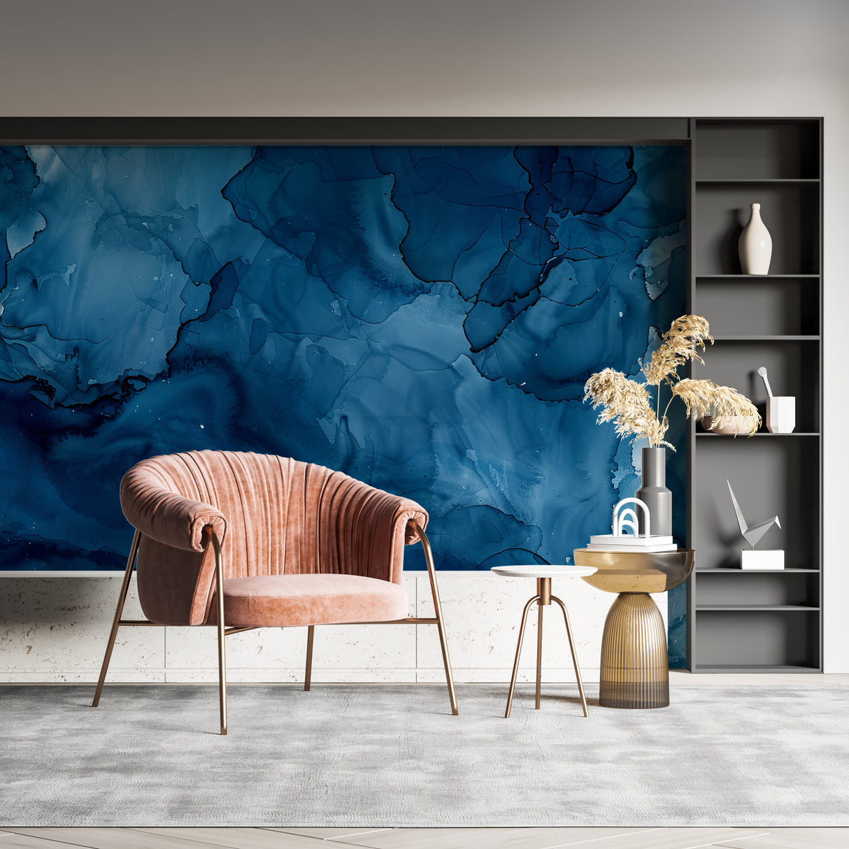 Deep blue abstract mural in bedroom showing peaceful watercolor effects