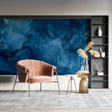 Deep blue abstract mural in bedroom showing peaceful watercolor effects
