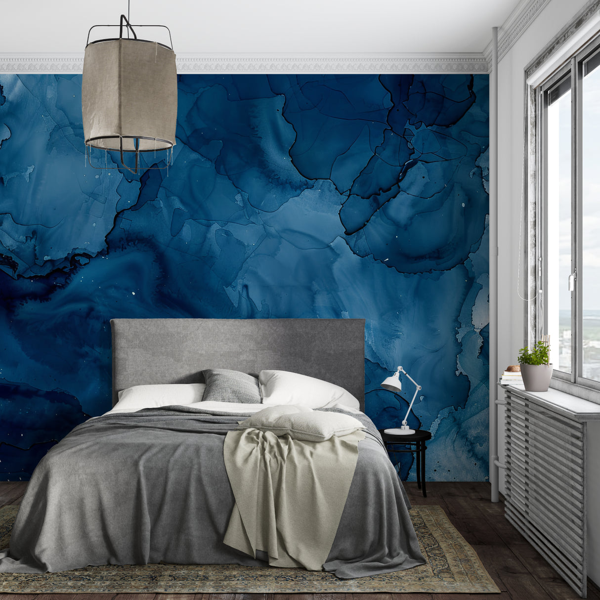 Modern blue wallpaper design in hotel lobby showcasing fluid patterns