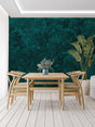 Emerald marble wallpaper creating luxury atmosphere in modern living room with grey sofa and golden accents