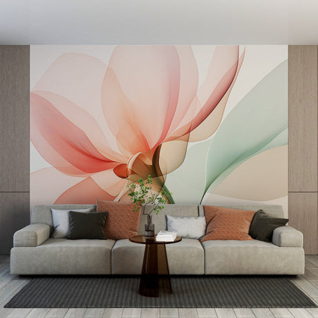 Abstract floral wallpaper in pink and mint tones creating a peaceful atmosphere in a modern living room setting