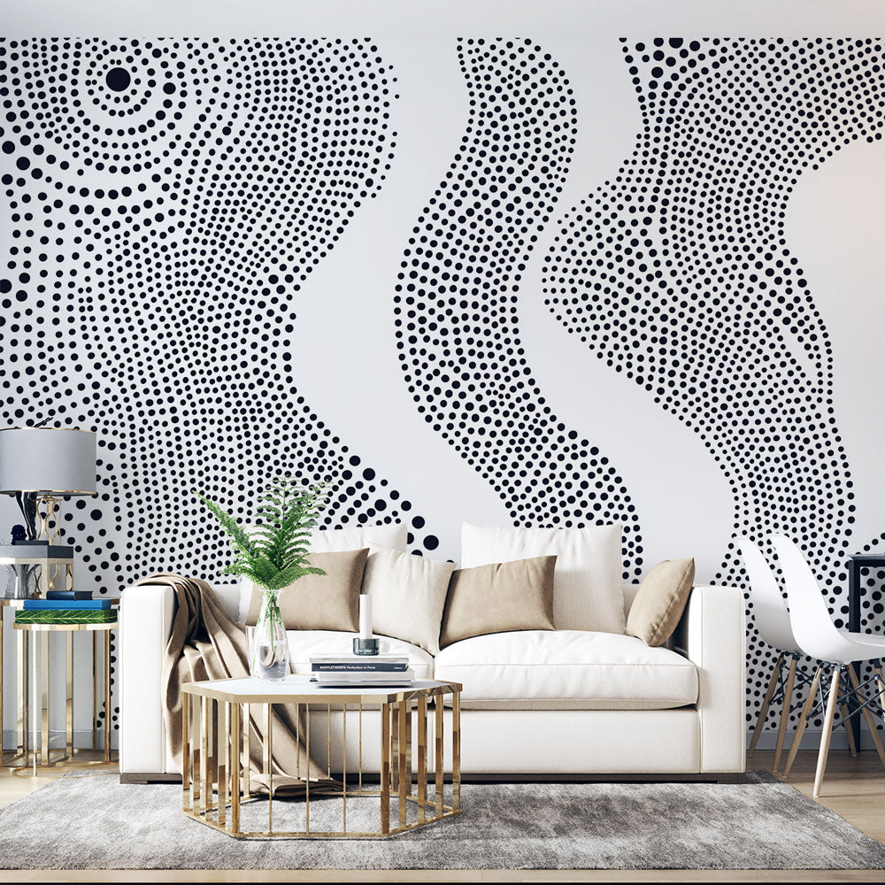 Modern living room featuring Abstract Dot Wave Wallpaper in black and white, creating a stunning accent wall behind a minimalist sofa