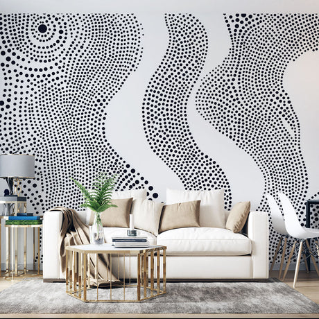 Modern living room featuring Abstract Dot Wave Wallpaper in black and white, creating a stunning accent wall behind a minimalist sofa