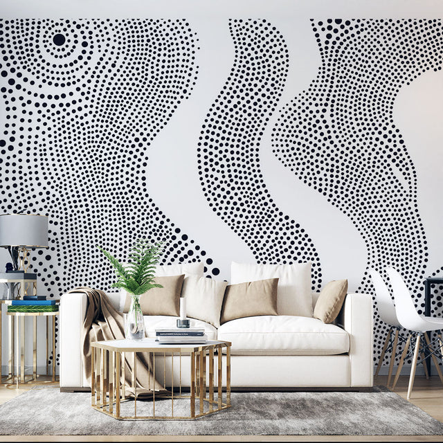 Modern living room featuring Abstract Dot Wave Wallpaper in black and white, creating a stunning accent wall behind a minimalist sofa