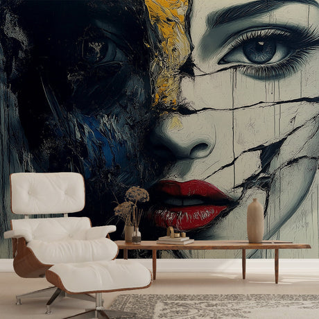 Modern abstract face wallpaper with gold accents creating dramatic impact in a minimalist living room setting