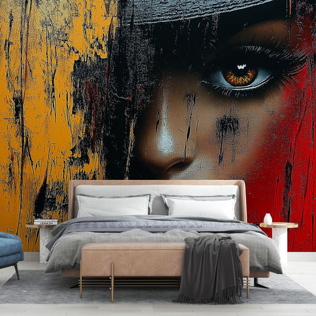 Abstract portrait wallpaper creating a stunning focal point in a modern living room with minimalist furniture