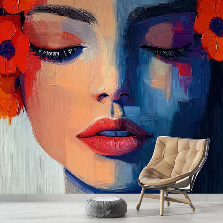 Abstract portrait wallpaper with red poppies displayed in a modern living room, creating a dramatic focal point