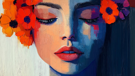 Abstract portrait and red poppies design file showing intricate details and rich color palette