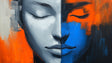 Abstract face portrait mural wallpaper creating dramatic impact in modern living room with minimalist furniture