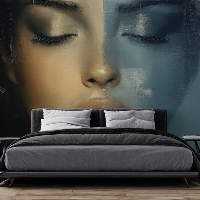 Modern Portrait Art Wallpaper creating a stunning focal point in a minimal living room with natural light