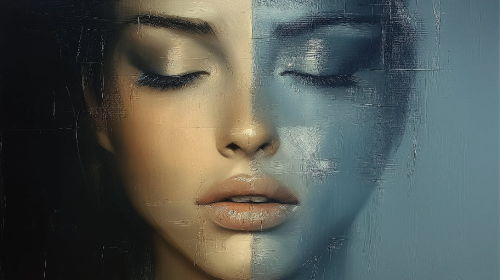Abstract Portrait Art design file showing dual-tone golden and blue color palette
