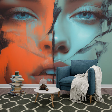 Abstract portrait wallpaper creating a striking focal point in a modern living room with minimalist furniture