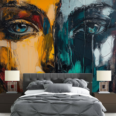 Abstract portrait wallpaper creating dramatic impact in modern living room with turquoise and gold tones