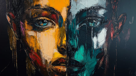 Abstract portrait design file showing detailed turquoise and gold brushwork pattern