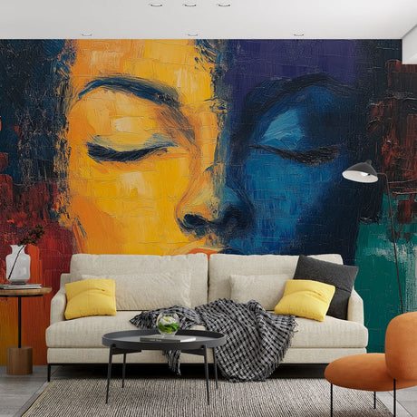 Abstract face portrait wallpaper creating a stunning focal point in a modern living room with minimalist furniture