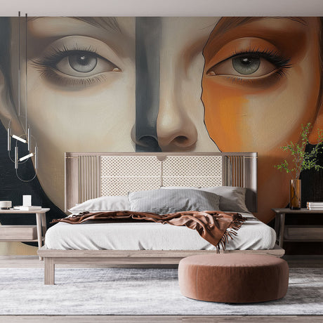 Modern Abstract Portrait Wallpaper creating dramatic impact in a minimalist living room with orange and beige accents