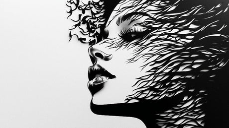 Abstract portrait wallpaper design file showing intricate black and white pattern