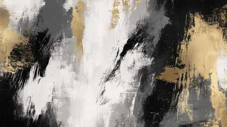 Modern Abstract Black and Gold Wallpaper creating drama in a minimalist living room with high ceilings