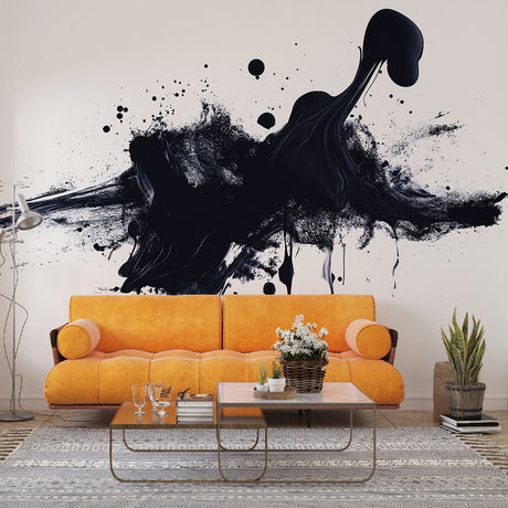 Modern living room with dramatic Black Ink Splash Abstract Wallpaper creating artistic atmosphere against contemporary furniture