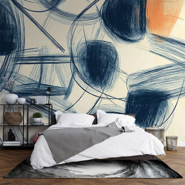 Modern abstract wallpaper with blue and orange brushstrokes displayed in a bright contemporary living room setting