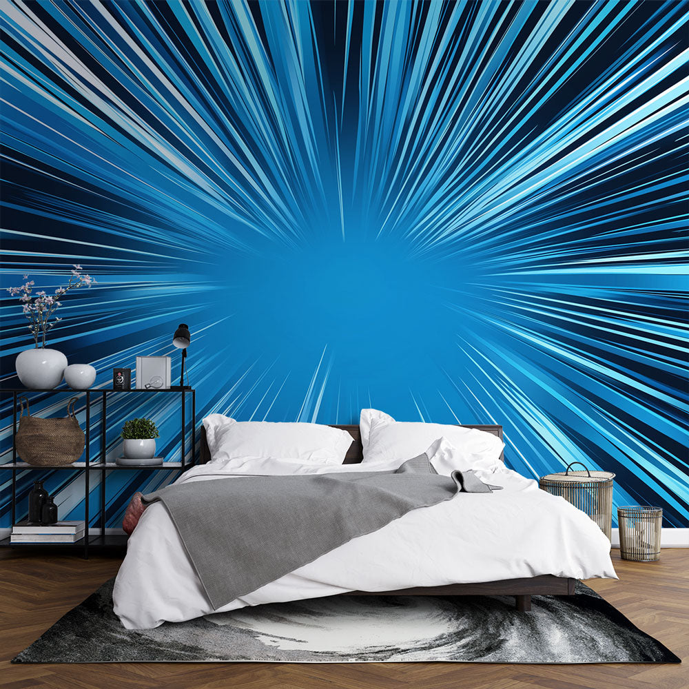 Abstract light rays wallpaper creating depth in a modern living room with blue geometric pattern casting dynamic shadows