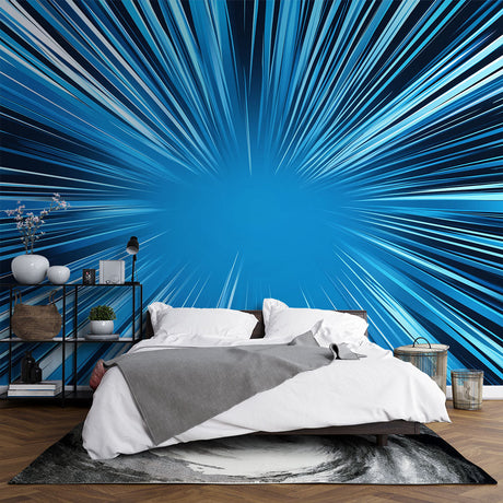 Abstract light rays wallpaper creating depth in a modern living room with blue geometric pattern casting dynamic shadows