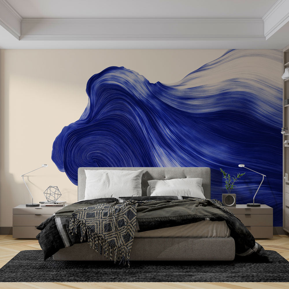 Blue wave abstract wallpaper creating a stunning accent wall in a modern living room with white furniture