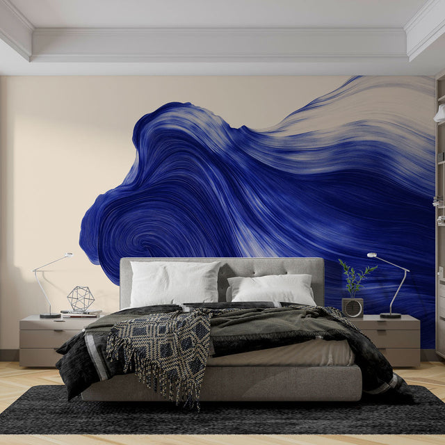 Blue wave abstract wallpaper creating a stunning accent wall in a modern living room with white furniture
