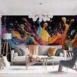 Abstract color splash wallpaper in modern minimalist living room, creating a bold artistic focal point against white furniture