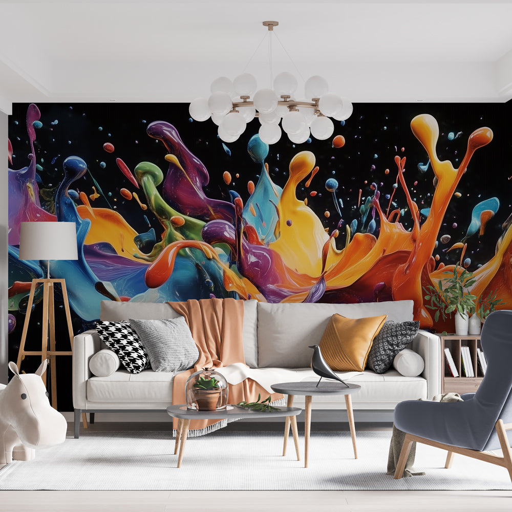 Abstract color splash wallpaper in modern minimalist living room, creating a bold artistic focal point against white furniture