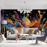 Abstract color splash wallpaper in modern minimalist living room, creating a bold artistic focal point against white furniture